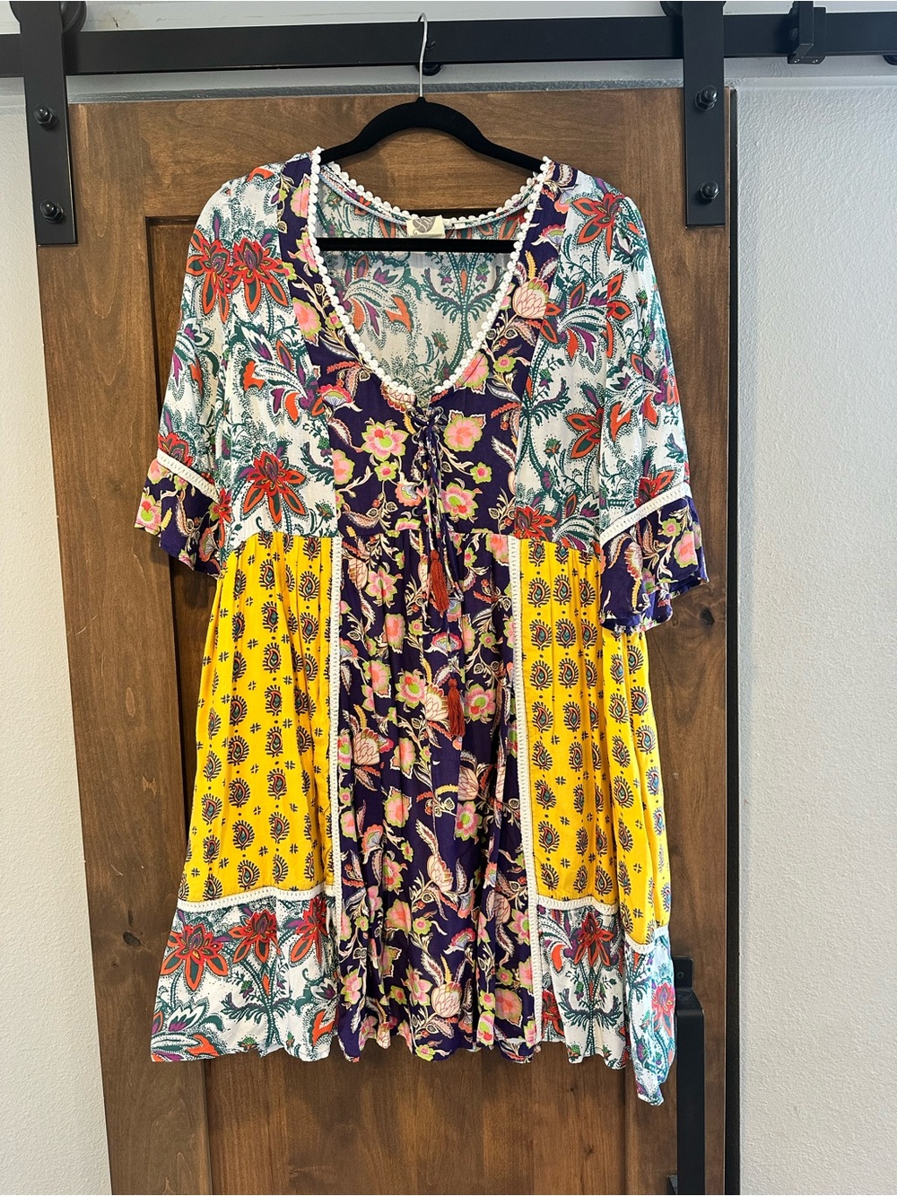 Boho Floral Patchwork Short Dress in Yellow & Purple Anthropologie